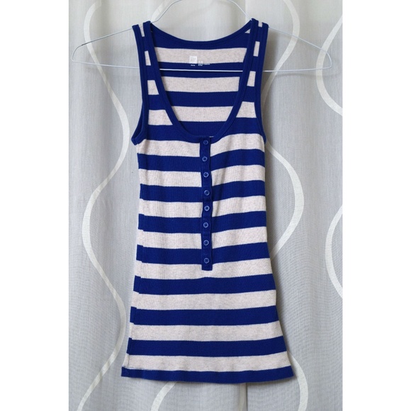 GAP Blue & Oatmeal Knitted Stripe Fitted Henley Tank Top | Size XS - Picture 1 of 2